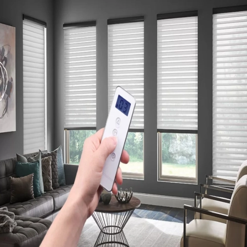Motorized blinds opening and closing smoothly.