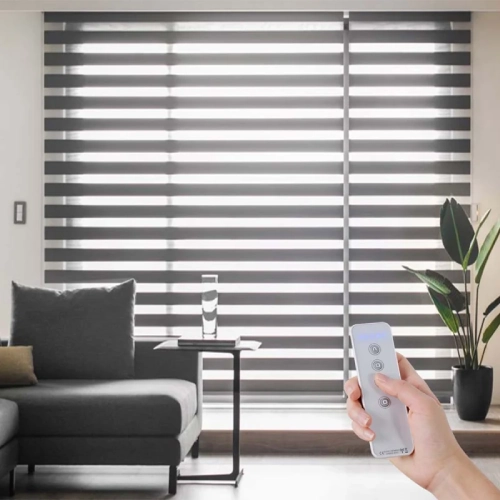 Smart home technology Motorized blinds adjusting to sunlight.