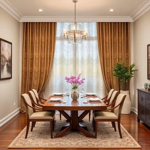 dining room featuring a large window with a double curtain system.