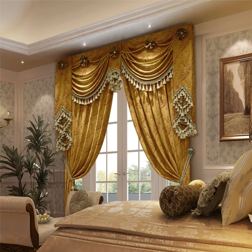 luxurious bedroom features an ornate set of gold-colored valance curtains with tassels and decorative tiebacks, framing a set of French doors.