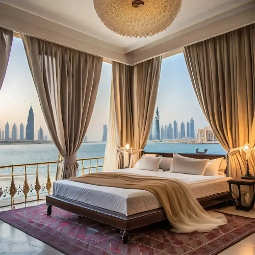 luxurious bedroom with floor-to-ceiling windows overlooking a modern city skyline and a body of water.