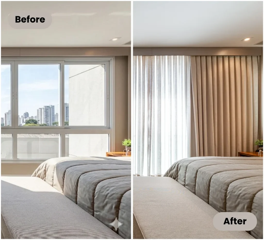 Before and after bedroom curtain